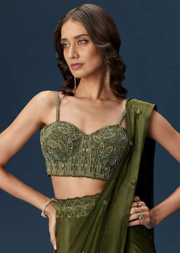 Dark Green Ready Pleated Saree With Corset Blouse