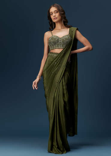 Dark Green Ready Pleated Saree With Corset Blouse