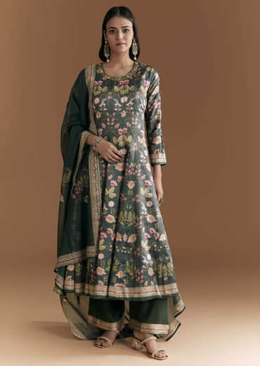 Dark Green Silk Anarkali Suit With Floral Print