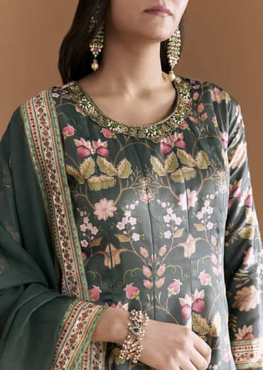 Dark Green Silk Anarkali Suit With Floral Print