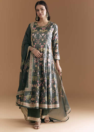 Dark Green Silk Anarkali Suit With Floral Print