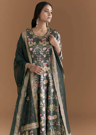 Dark Green Silk Anarkali Suit With Floral Print