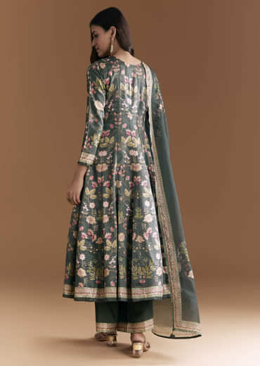 Dark Green Silk Anarkali Suit With Floral Print