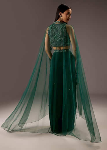 Dark Green Silk Crop Top Skirt With Heavy Embroidery