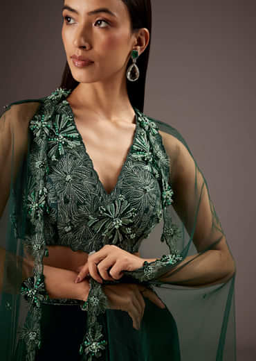 Dark Green Silk Crop Top Skirt With Heavy Embroidery