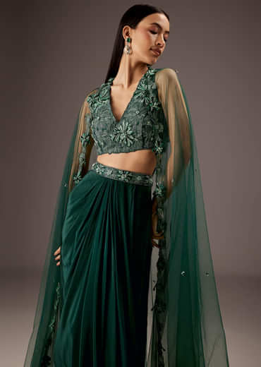 Dark Green Silk Crop Top Skirt With Heavy Embroidery