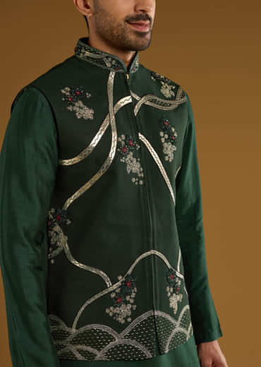 Dark Green Silk Kurta Jacket Set For Men With Gota Work