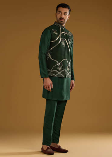 Dark Green Silk Kurta Jacket Set For Men With Gota Work