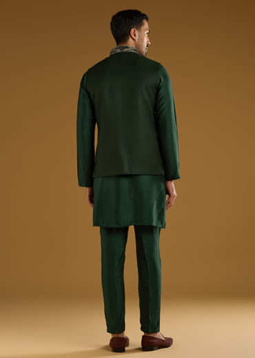 Dark Green Silk Kurta Jacket Set For Men With Gota Work