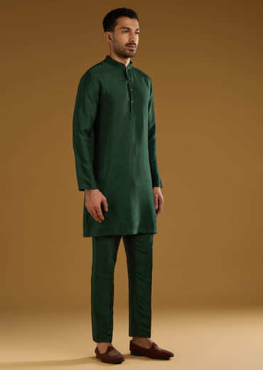 Dark Green Silk Kurta Jacket Set For Men With Gota Work
