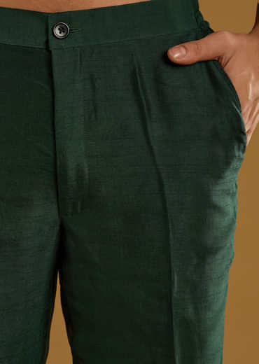 Dark Green Silk Kurta Jacket Set For Men With Gota Work