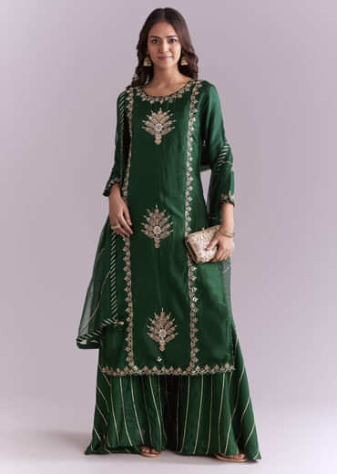 Dark Green Silk Palazzo Suit With Gota Work