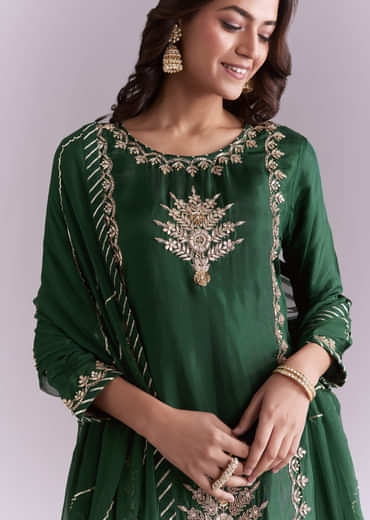 Dark Green Silk Palazzo Suit With Gota Work