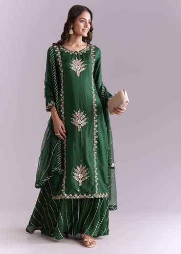 Dark Green Silk Palazzo Suit With Gota Work
