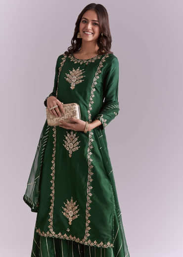 Dark Green Silk Palazzo Suit With Gota Work
