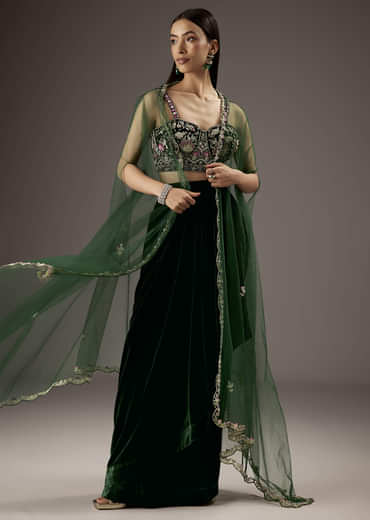 Dark Green Velvet Crop Top Skirt With Heavy Embroidery