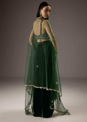 Dark Green Velvet Crop Top Skirt With Heavy Embroidery