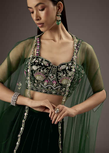 Dark Green Velvet Crop Top Skirt With Heavy Embroidery