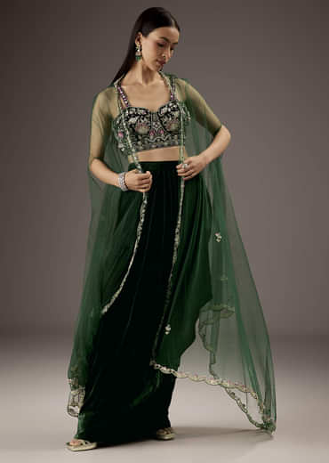 Dark Green Velvet Crop Top Skirt With Heavy Embroidery