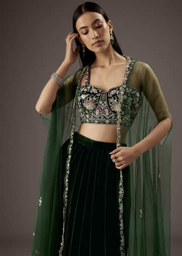 Dark Green Velvet Crop Top Skirt With Heavy Embroidery