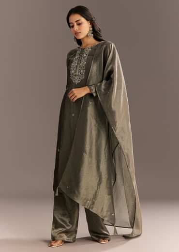 Dark Grey Tissue Kurta Pant Set With Butti Dupatta