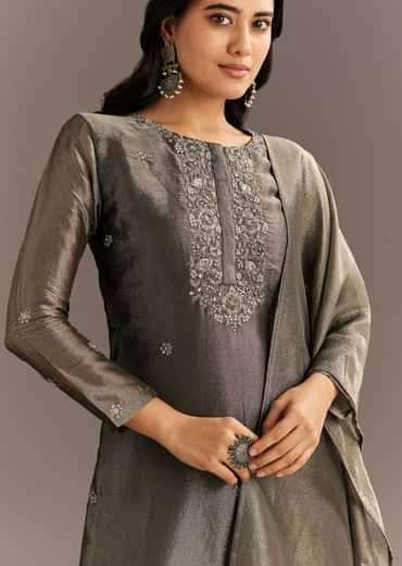 Dark Grey Tissue Kurta Pant Set With Butti Dupatta