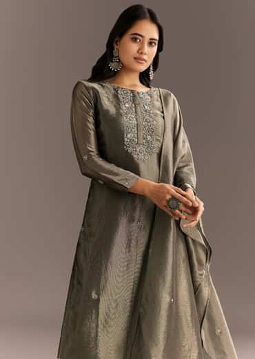 Dark Grey Tissue Kurta Pant Set With Butti Dupatta