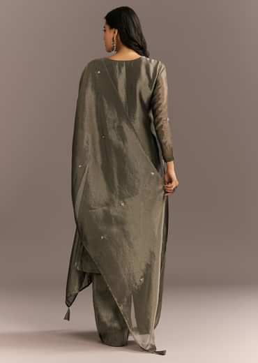Dark Grey Tissue Kurta Pant Set With Butti Dupatta