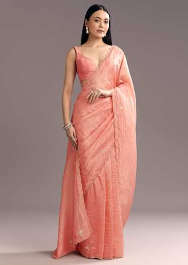 Dark Peach Crushed Tissue Embroidered Saree With Scallop Border