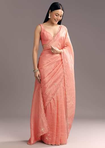 Dark Peach Crushed Tissue Embroidered Saree With Scallop Border
