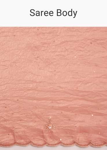 Dark Peach Crushed Tissue Embroidered Saree With Scallop Border