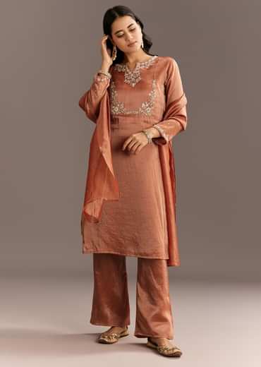 Dark Peach Organza Tissue Kurta Pant With Embroidered Dupatta