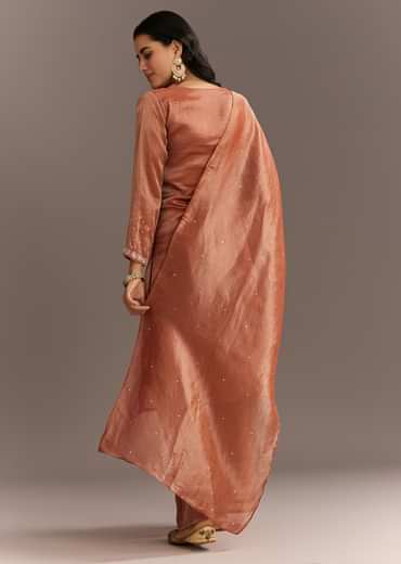 Dark Peach Organza Tissue Kurta Pant With Embroidered Dupatta