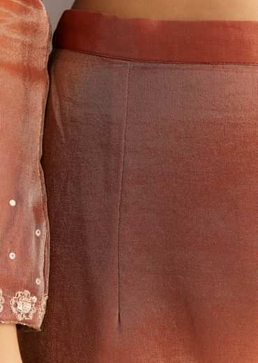 Dark Peach Organza Tissue Kurta Pant With Embroidered Dupatta