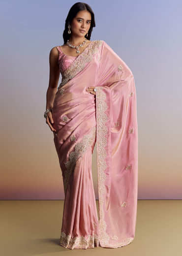 Dark Peach Tissue Saree With Gota Patti Embroidery