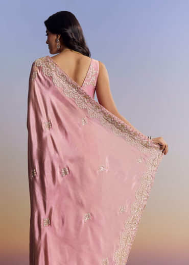 Dark Peach Tissue Saree With Gota Patti Embroidery