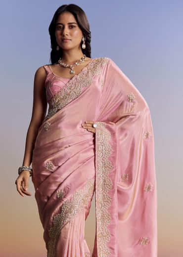 Dark Peach Tissue Saree With Gota Patti Embroidery