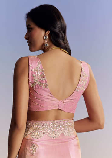 Dark Peach Tissue Saree With Gota Patti Embroidery