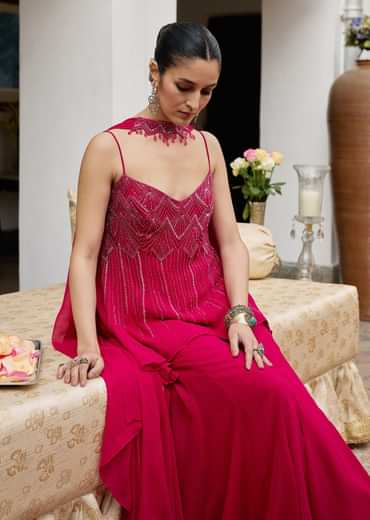 Dark Pink Georgette Sharara Set With Embroidered Kurta And Choker Dupatta