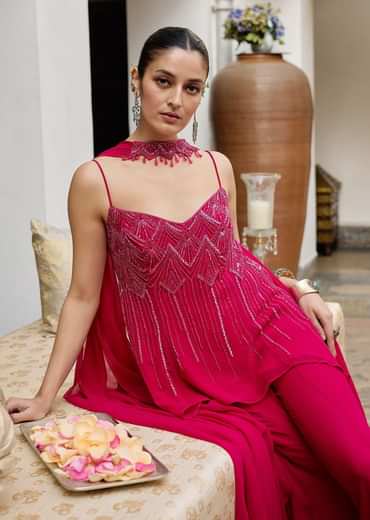 Dark Pink Georgette Sharara Set With Embroidered Kurta And Choker Dupatta