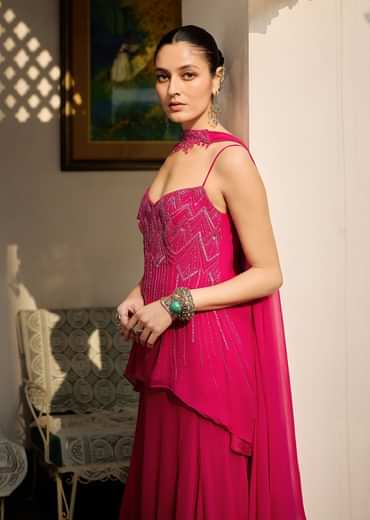 Dark Pink Georgette Sharara Set With Embroidered Kurta And Choker Dupatta