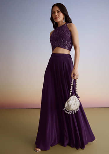 Dark Plum Purple Crepe Croptop Palazzo Suit With Cutdana Sequin Embroidery