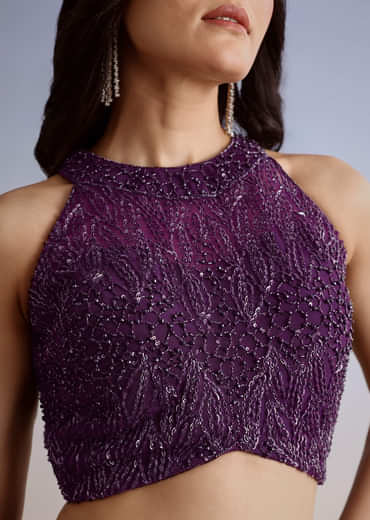 Dark Plum Purple Crepe Croptop Palazzo Suit With Cutdana Sequin Embroidery