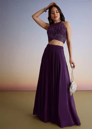 Dark Plum Purple Crepe Croptop Palazzo Suit With Cutdana Sequin Embroidery