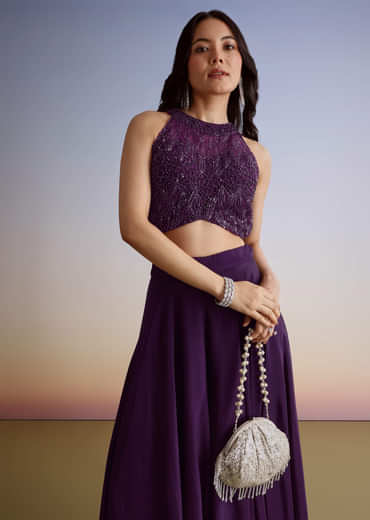 Dark Plum Purple Crepe Croptop Palazzo Suit With Cutdana Sequin Embroidery