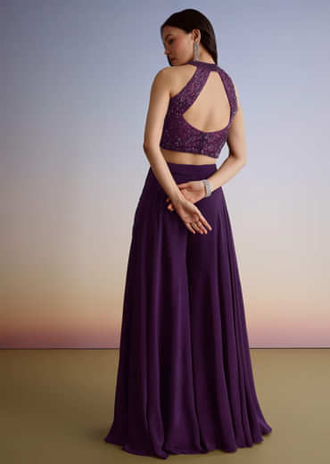 Dark Plum Purple Crepe Croptop Palazzo Suit With Cutdana Sequin Embroidery