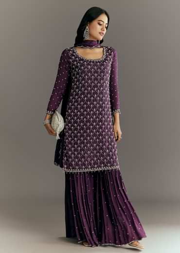 Dark Purple Chinon Sequin Work Kurta Sharara With Dupatta