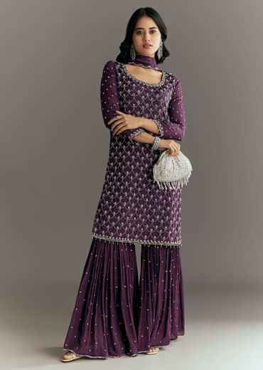 Dark Purple Chinon Sequin Work Kurta Sharara With Dupatta