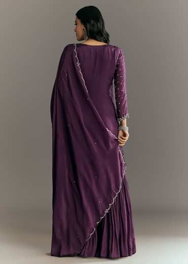 Dark Purple Chinon Sequin Work Kurta Sharara With Dupatta