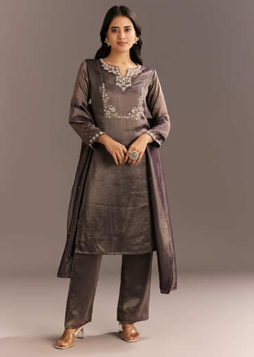 Dark Purple Organza Tissue Embroidered Kurta Pant With Embroidered Dupatta